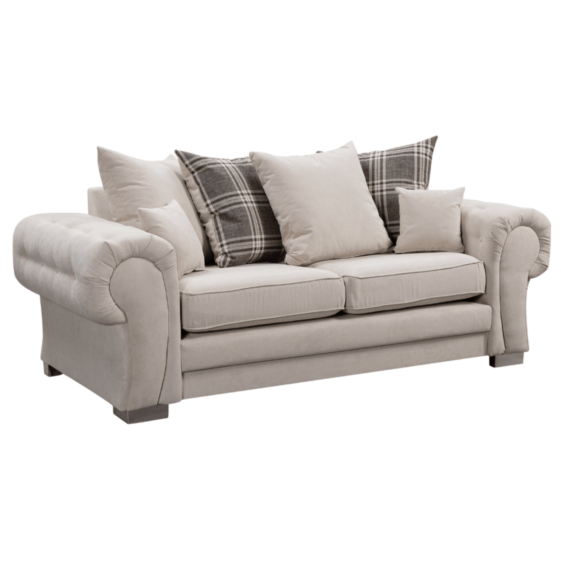 Verona scatter back grey 3 seater sofa displayed at an angled view on a plain white background, showing full design.