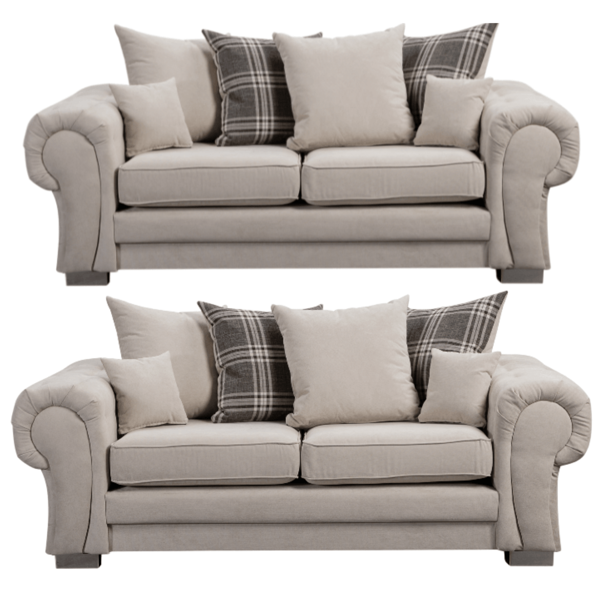 Verona scatter back grey 3+3 sofa set displayed front facing on a plain white background, showing full furniture set.