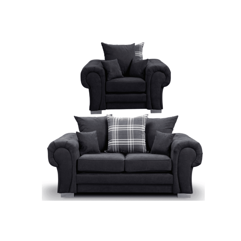 Verona scatter back black 2+1 sofa set displayed front facing on a plain white background, showing full furniture set.