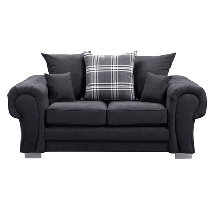 Verona scatter back black 2 seater sofa displayed front facing on a plain white background, showing full sofa design.