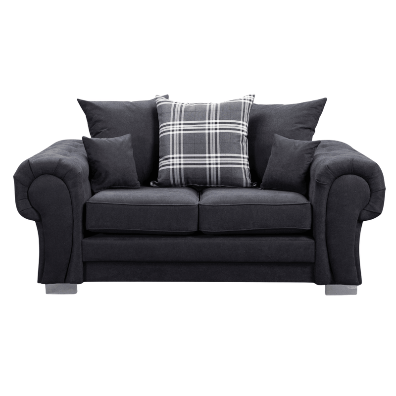Verona scatter back black 2 seater sofa displayed front facing on a plain white background, showing full sofa design.