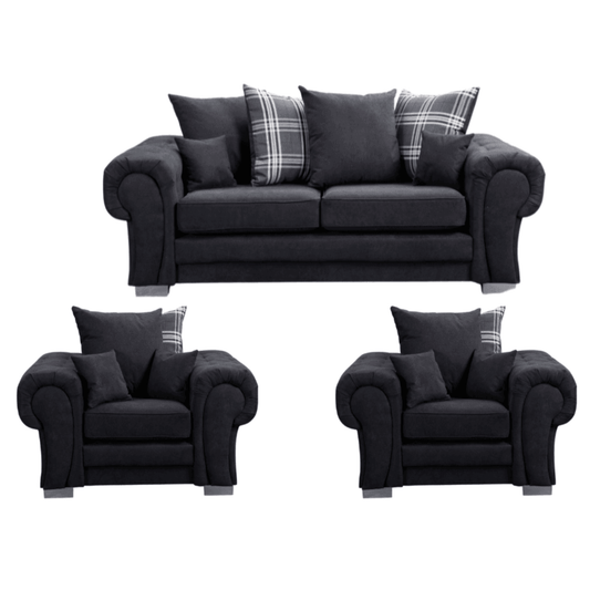 Verona scatter back black 2+1+1 sofa set displayed front facing on a plain white background, showing full furniture set.