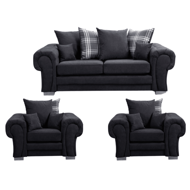 Verona scatter back black 2+1+1 sofa set displayed front facing on a plain white background, showing full furniture set.