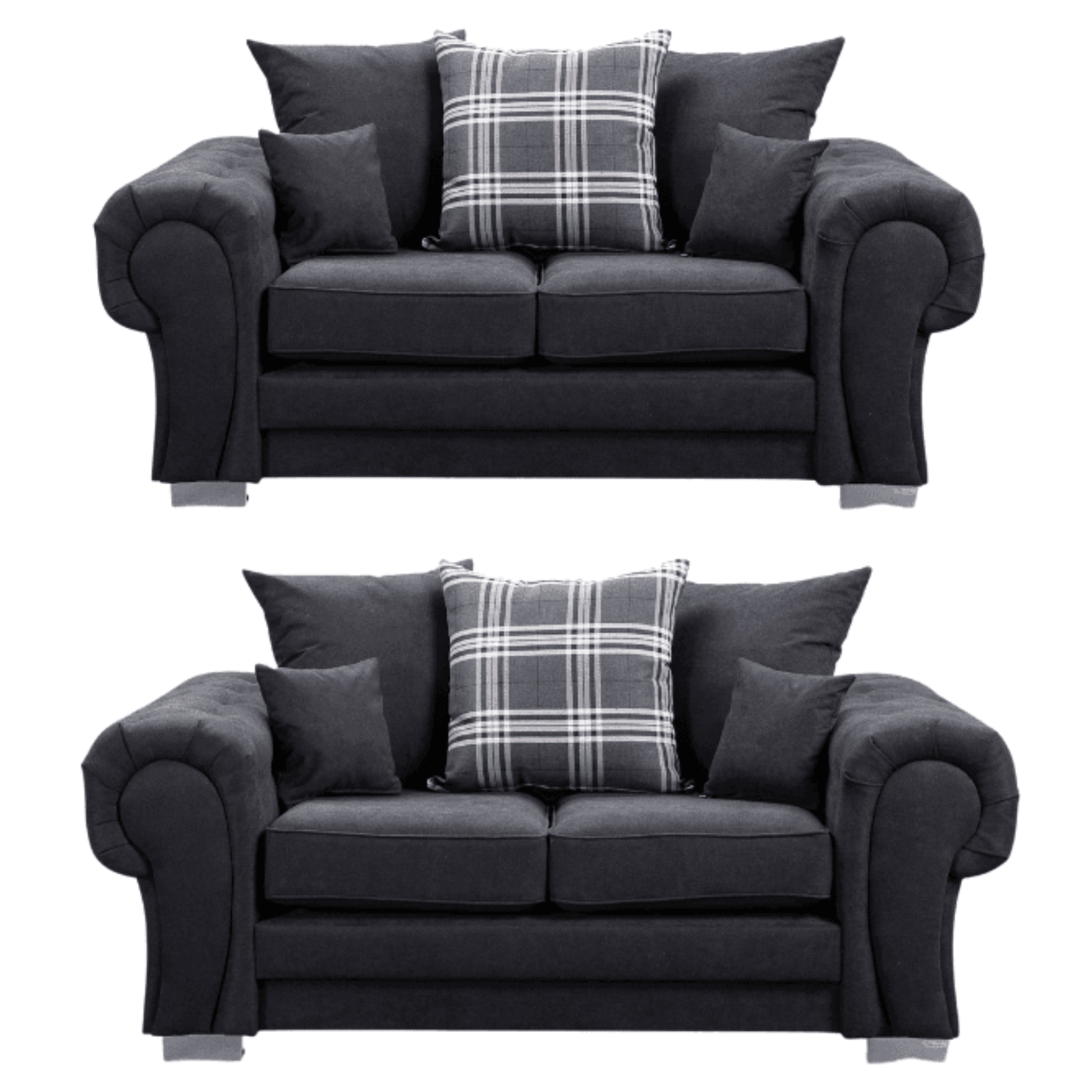 Verona scatter back black 2+2 sofa set displayed front facing on a plain white background, showing full furniture set.