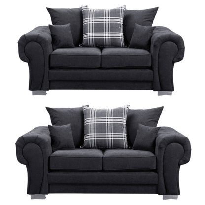 Verona scatter back black 2+2 sofa set displayed front facing on a plain white background, showing full furniture set.