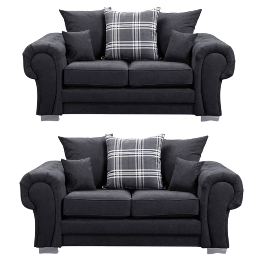 Verona scatter back black 2+2 sofa set displayed front facing on a plain white background, showing full furniture set.