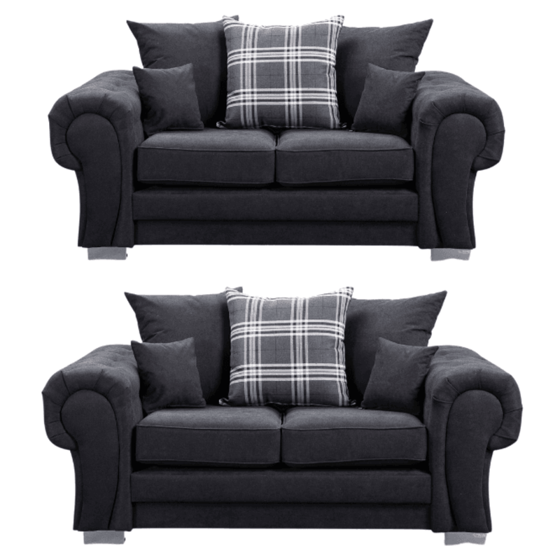 Verona scatter back black 2+2 sofa set displayed front facing on a plain white background, showing full furniture set.