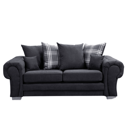 Verona scatter back black 3 seater sofa displayed front facing on a plain white background, showing full sofa design.