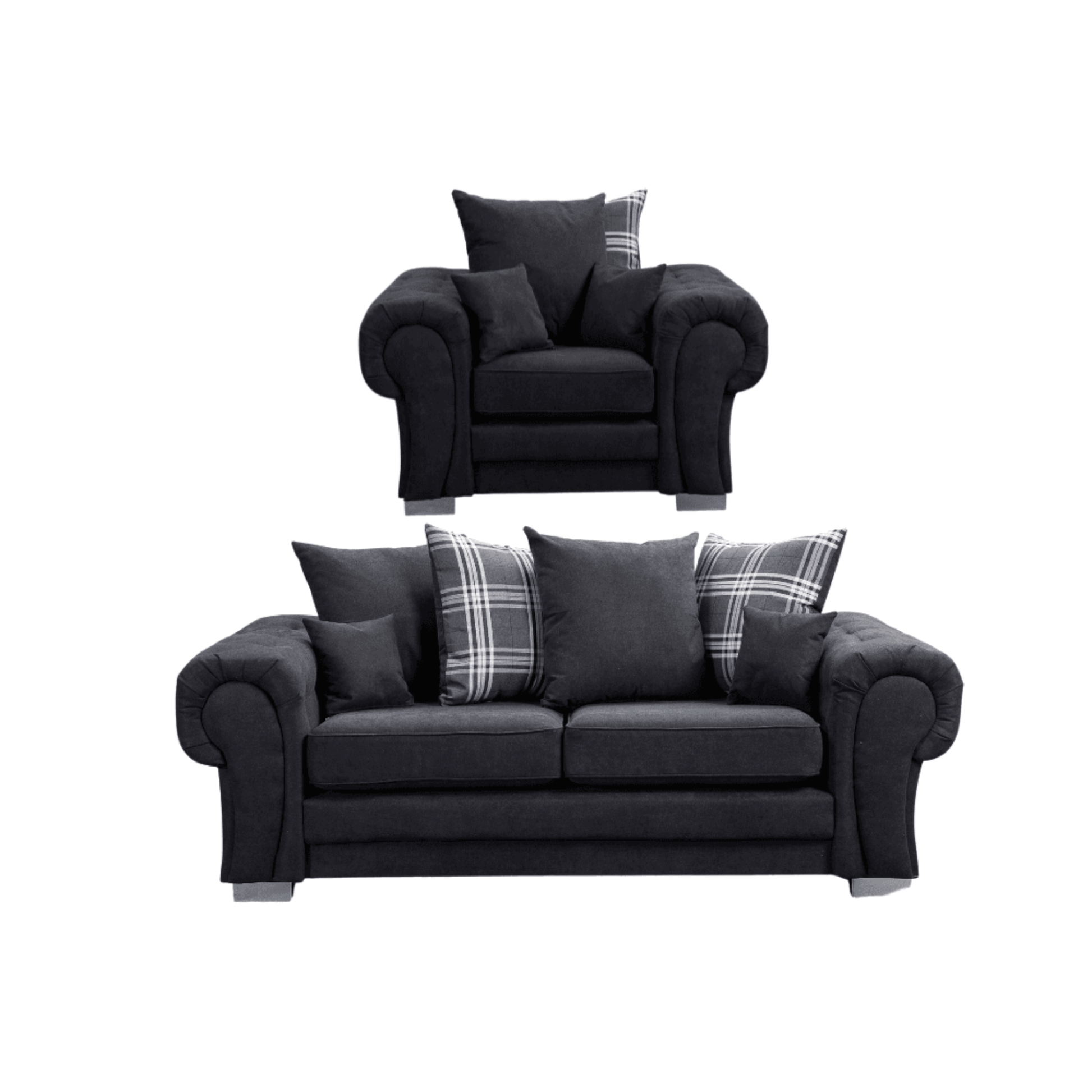 Verona scatter back black 3+1 sofa set displayed front facing on a plain white background, showing full furniture set.