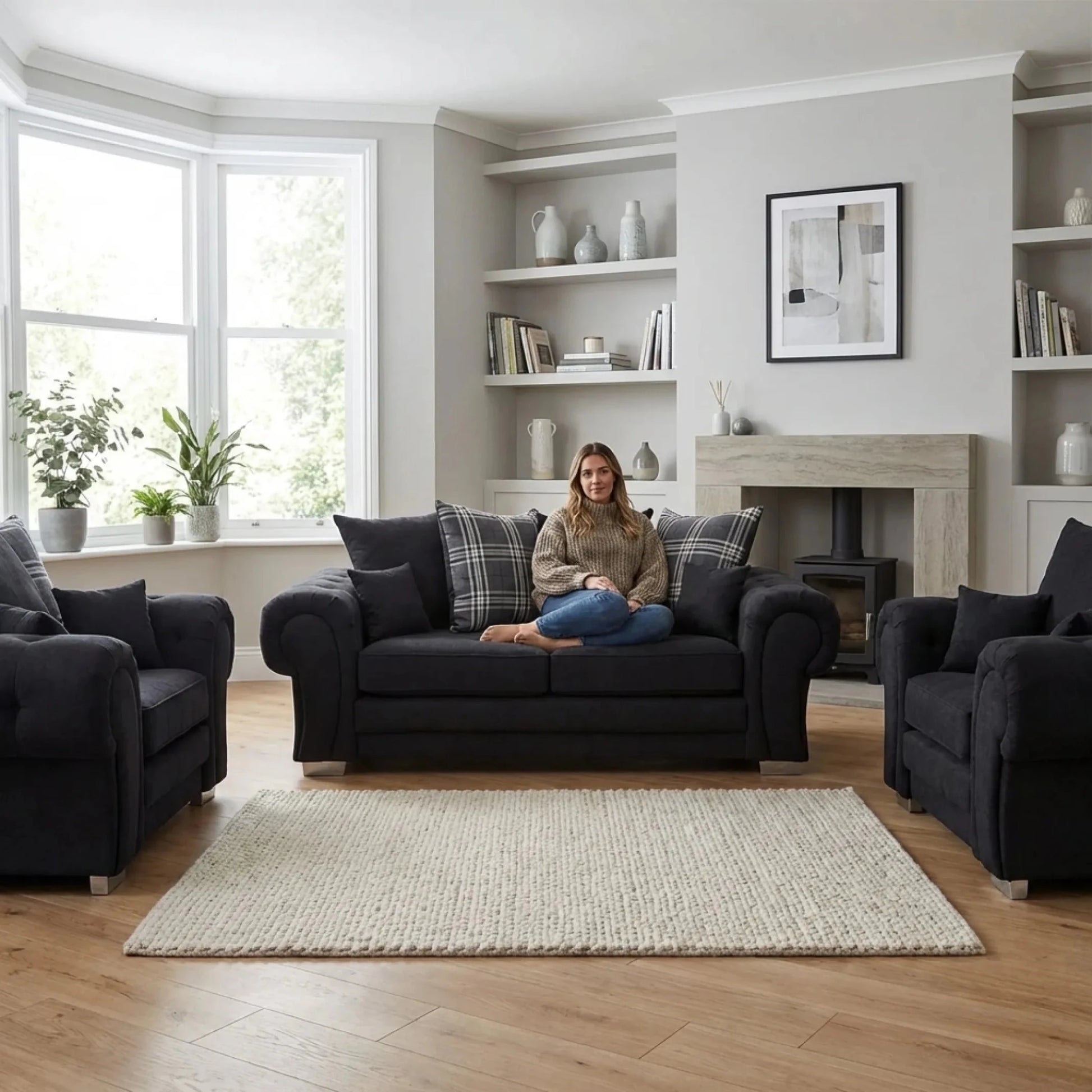Verona Scatter Black Fabric 3+1+1 Seater Sofa Set - Furniture Instore