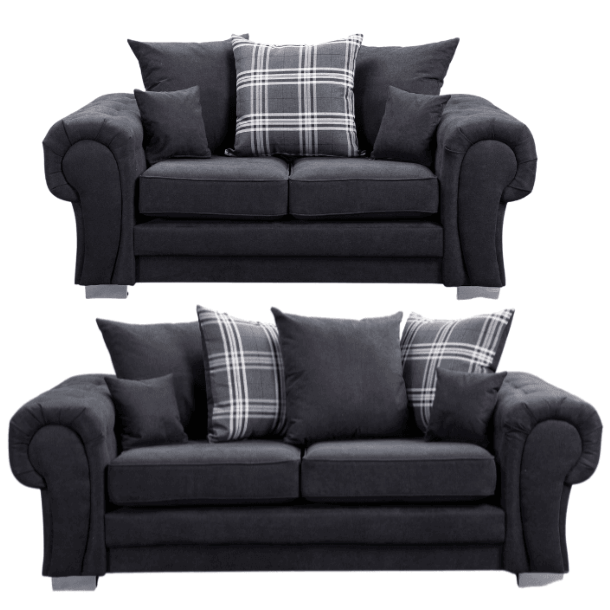 Verona scatter back black 3+2 sofa set displayed front facing on a plain white background, showing full furniture set.