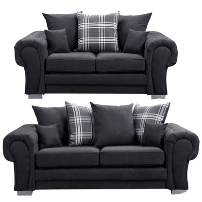Verona scatter back black 3+2 sofa set displayed front facing on a plain white background, showing full furniture set.