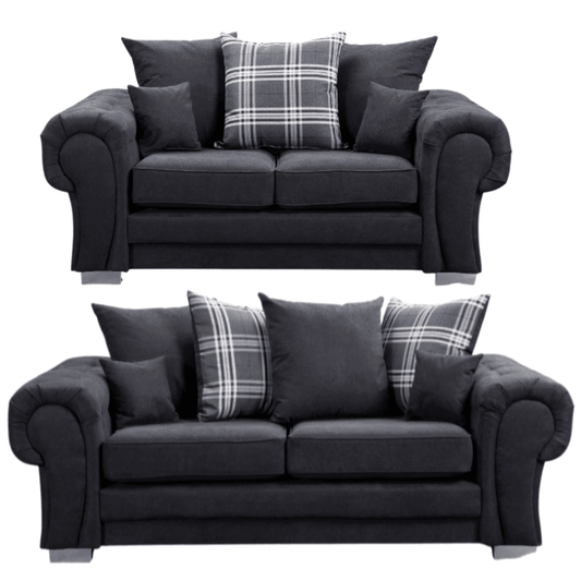 Verona scatter back black 3+2 sofa set displayed front facing on a plain white background, showing full furniture set.