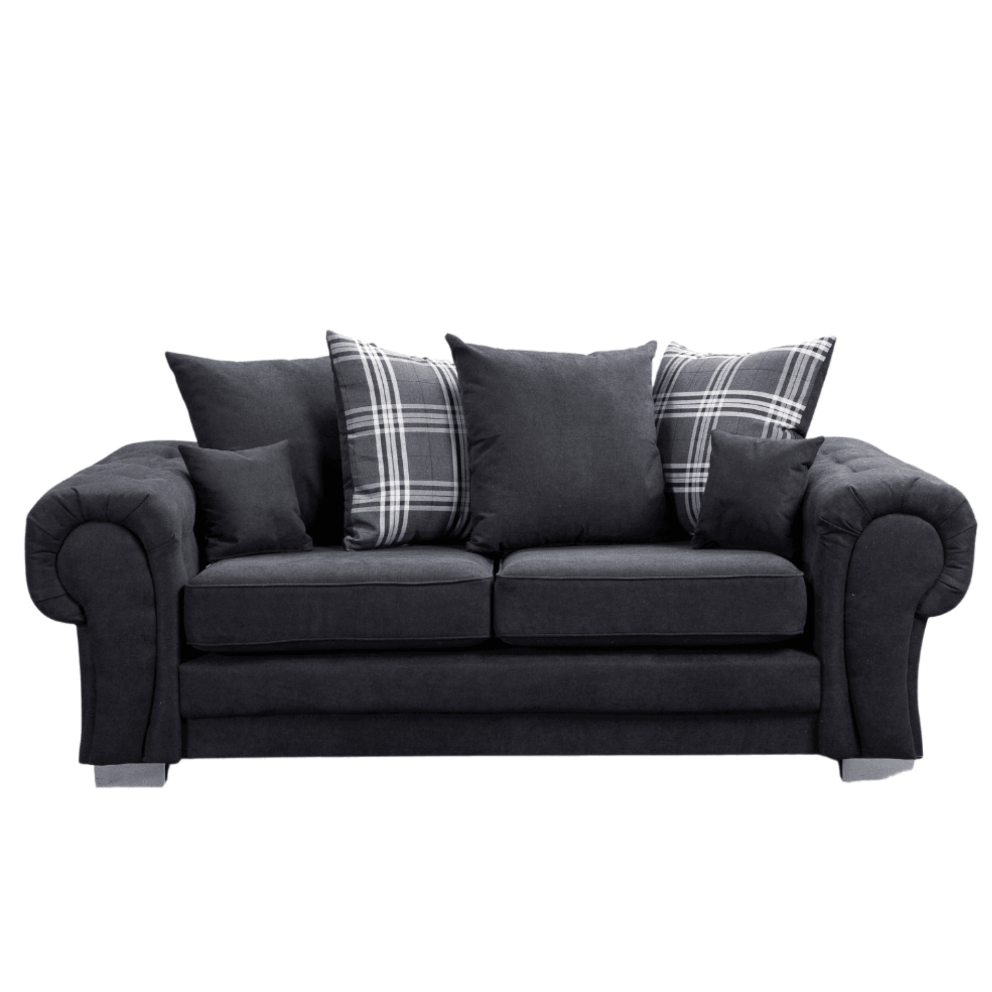 Verona scatter back black 3 seater sofa displayed front facing on a plain white background, showing full sofa design.