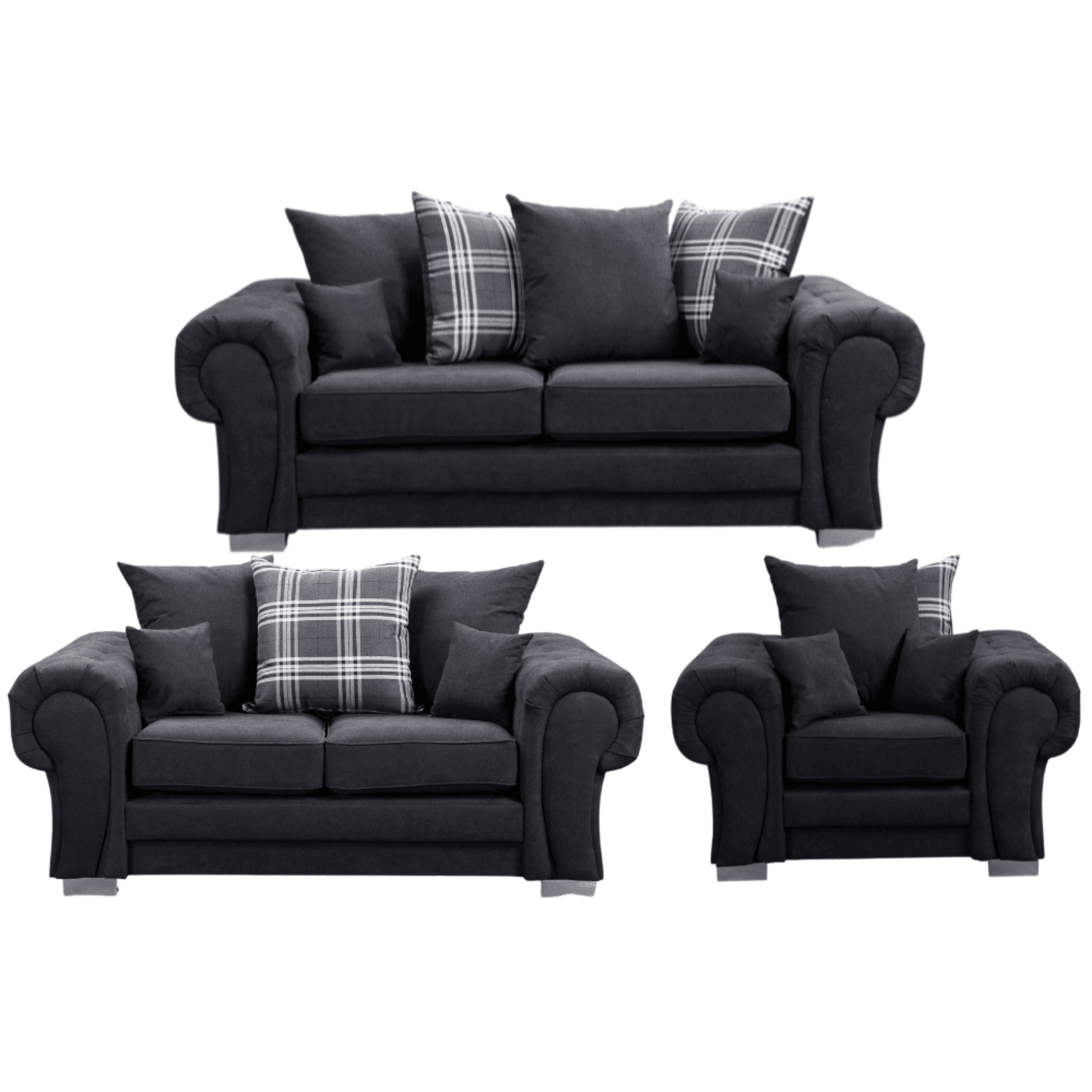 Verona scatter back black 3+2+1 sofa set displayed front facing on a plain white background, showing full furniture set.