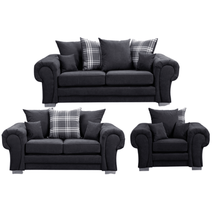 Verona scatter back black 3+2+1 sofa set displayed front facing on a plain white background, showing full furniture set.