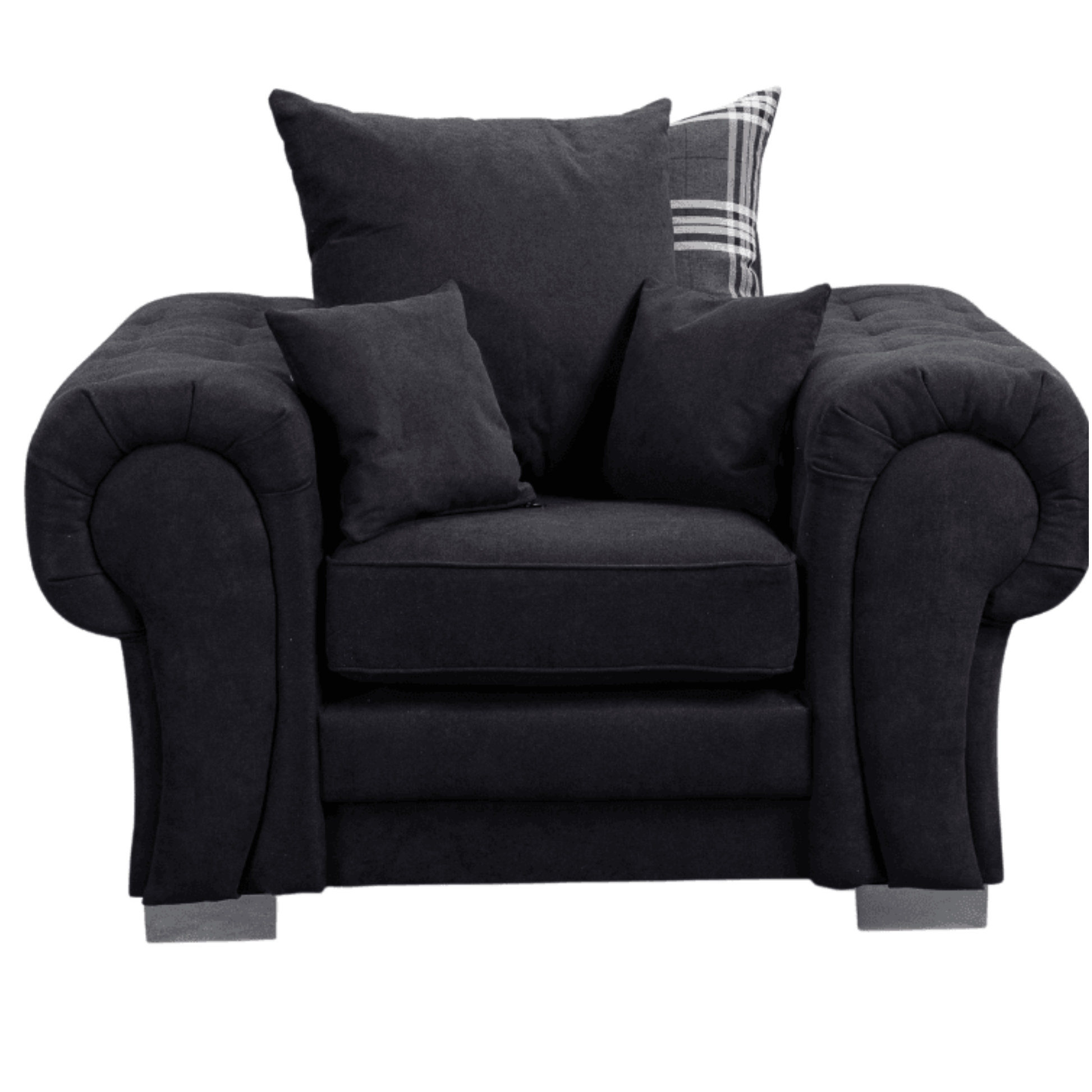 Verona scatter back black armchair displayed front facing on a plain white background, showing full chair design.