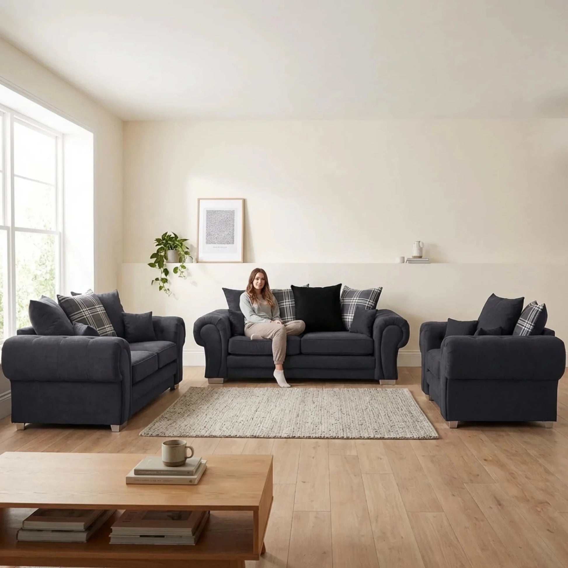 Verona Scatter Black Fabric 3+2+1 Seater Sofa Set - Furniture Instore