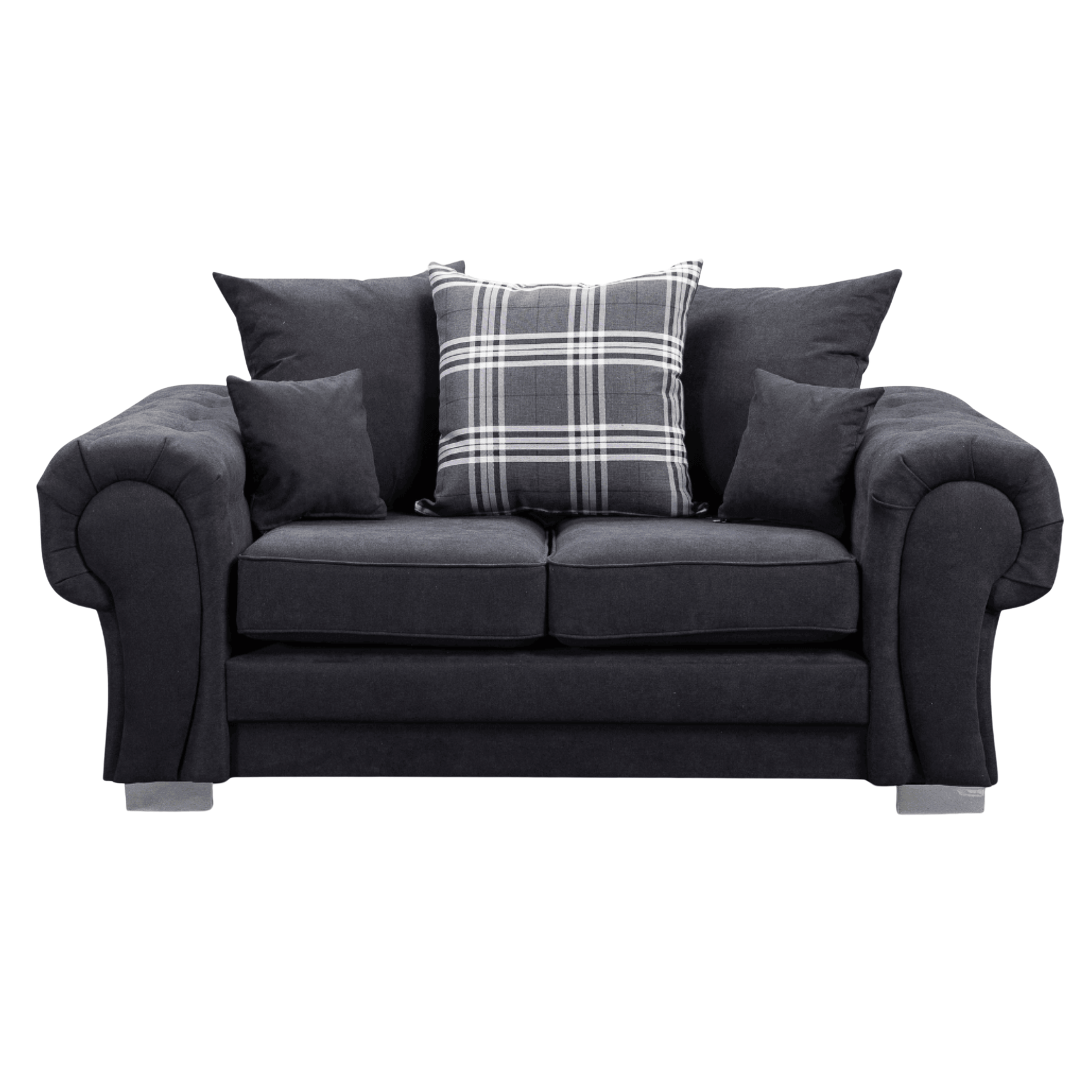 Verona scatter back black 2 seater sofa displayed front facing on a plain white background, showing full sofa design.