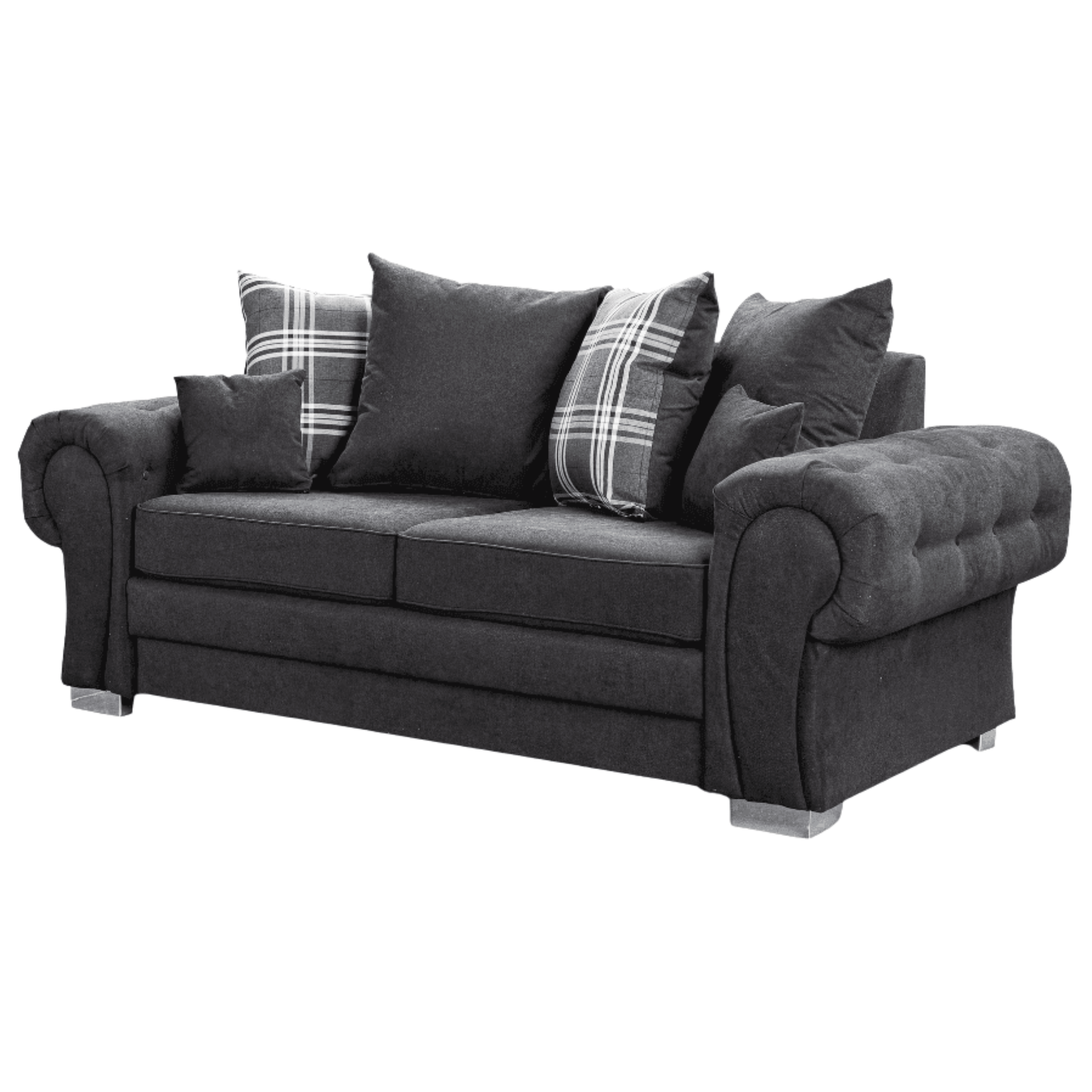 Verona scatter back black 3 seater sofa displayed at an angled view on a plain white background, showing full sofa design.