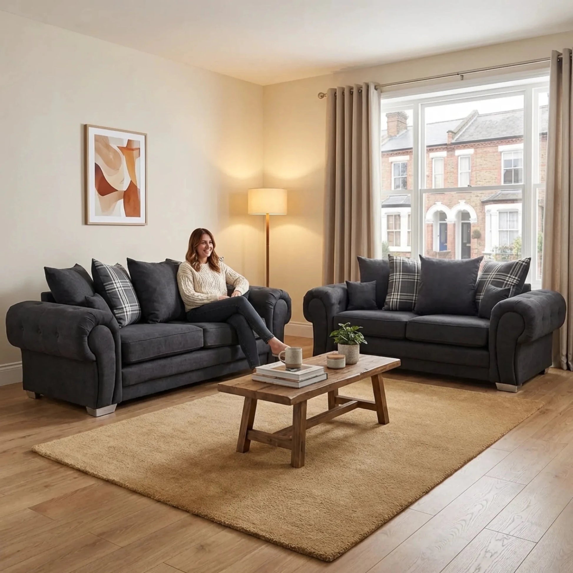 Verona Scatter Black Fabric 3+3 Seater Sofa Set - Furniture Instore
