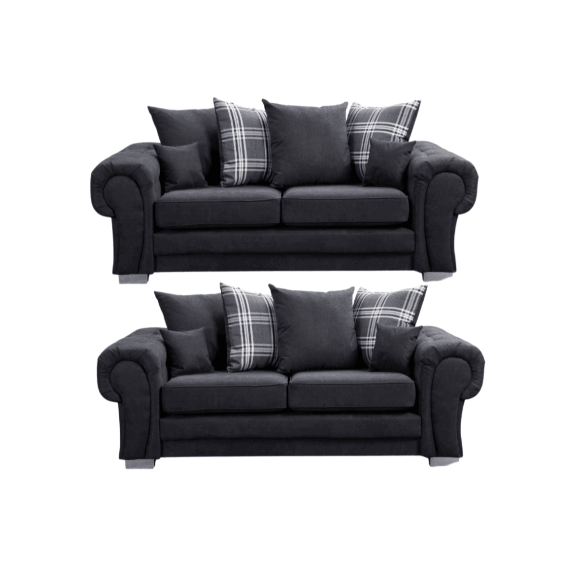 Verona scatter back black 3+3 sofa set displayed front facing on a plain white background, showing full furniture set.