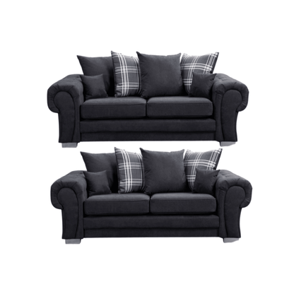 Verona scatter back black 3+3 sofa set displayed front facing on a plain white background, showing full furniture set.