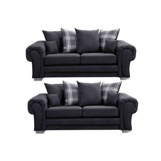 Verona scatter back black 3+3 sofa set displayed front facing on a plain white background, showing full furniture set.