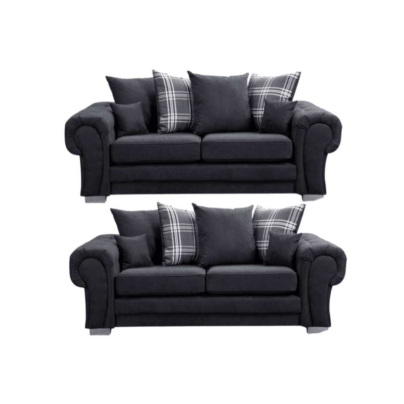 Verona scatter back black 3+3 sofa set displayed front facing on a plain white background, showing full furniture set.