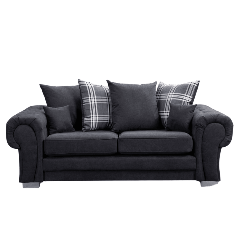 Verona scatter back black 3 seater sofa displayed front facing on a plain white background, showing full sofa design.