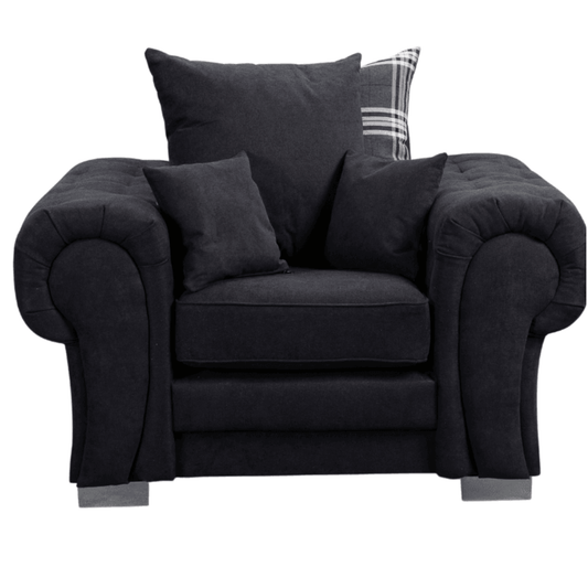 Verona scatter back black armchair displayed front facing on a plain white background, showing full chair design.