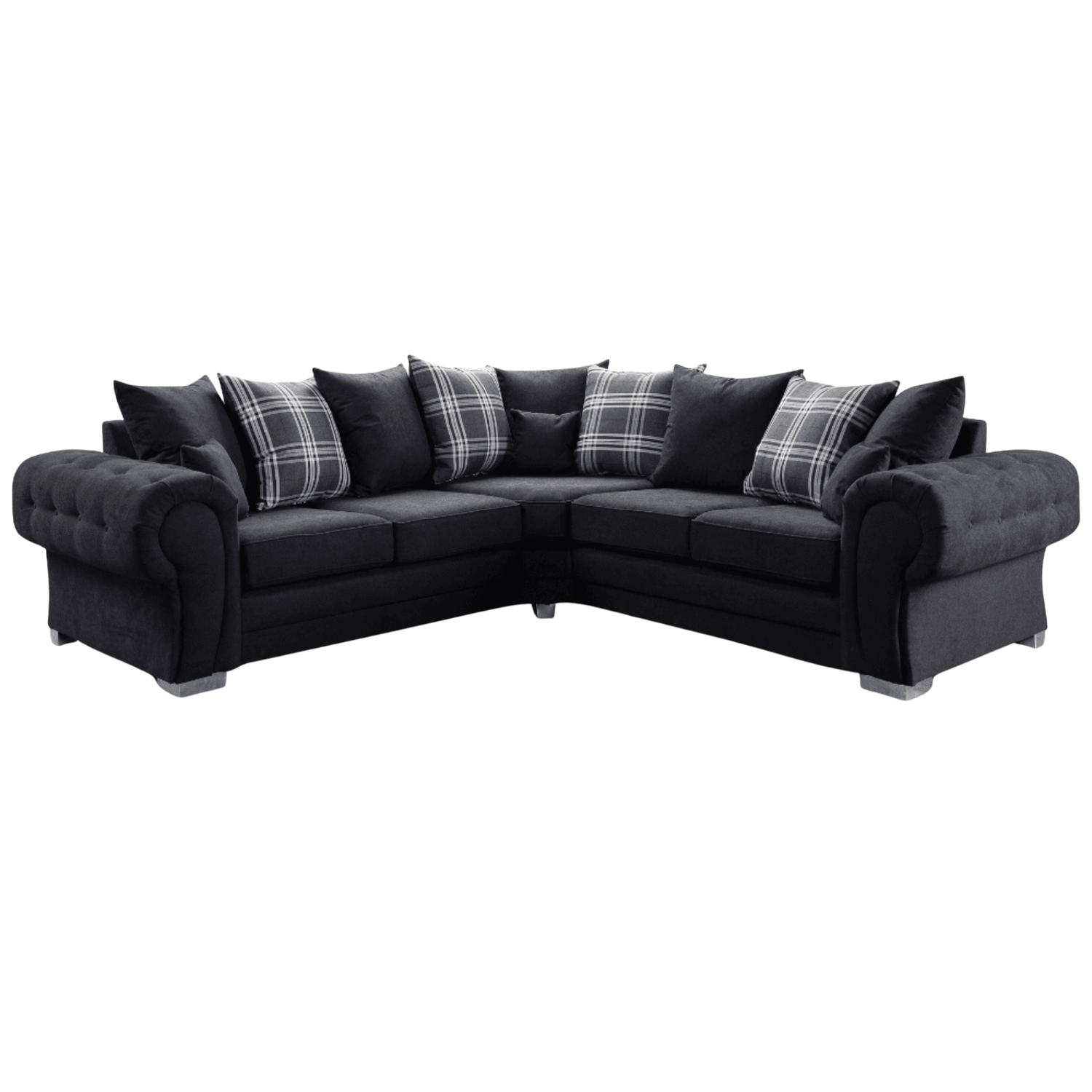 Verona scatter back black corner sofa displayed at an angled view on a plain white background, showing full sofa design.
