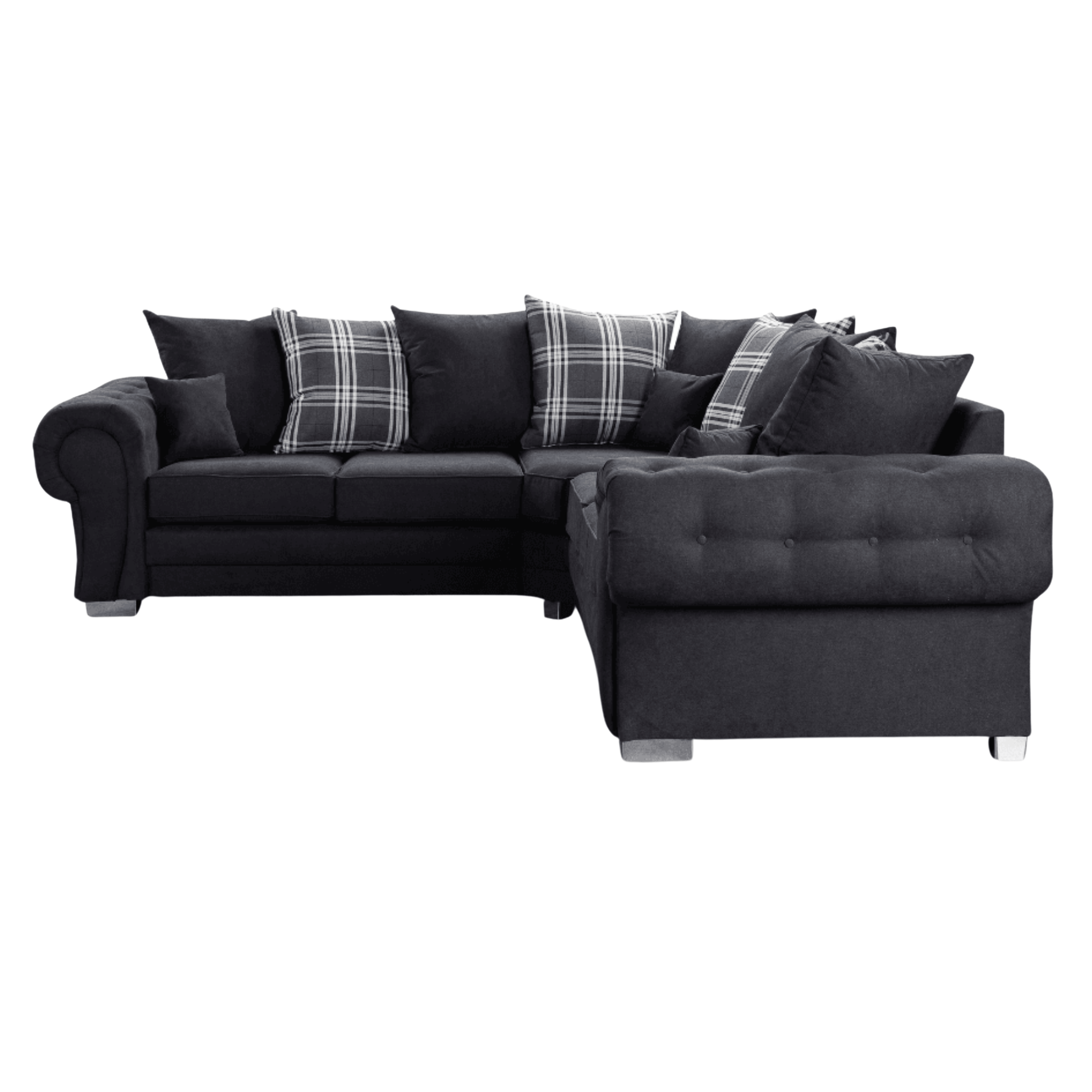 Verona scatter back black corner sofa displayed front facing on a plain white background, showing full sofa design.