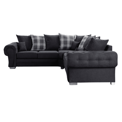 Verona scatter back black corner sofa displayed front facing on a plain white background, showing full sofa design.