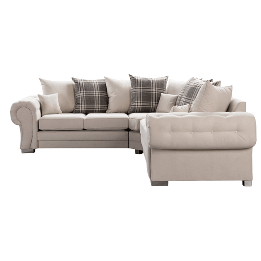 Verona scatter back grey corner sofa displayed front facing on a plain white background, showing full seating design.