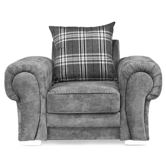 Gray armchair with a plaid cushion on a white background