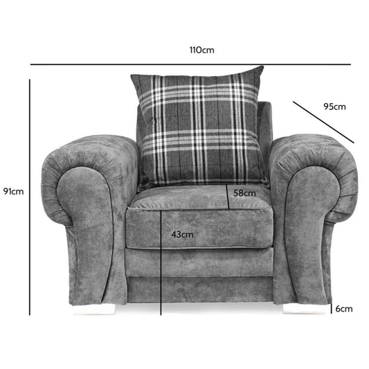 Gray armchair with plaid pillow and dimensions labeled