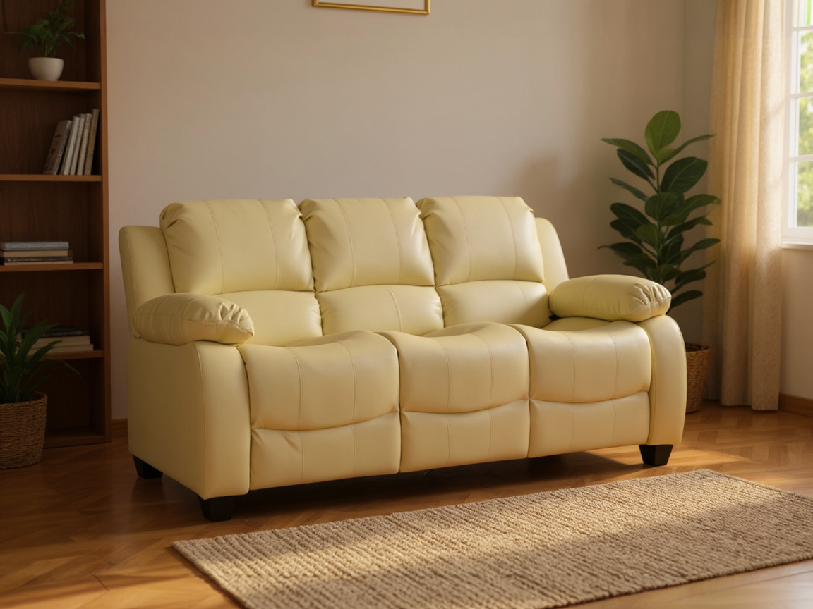 Modern 3 seater cream leather sofa in contemporary living room interior